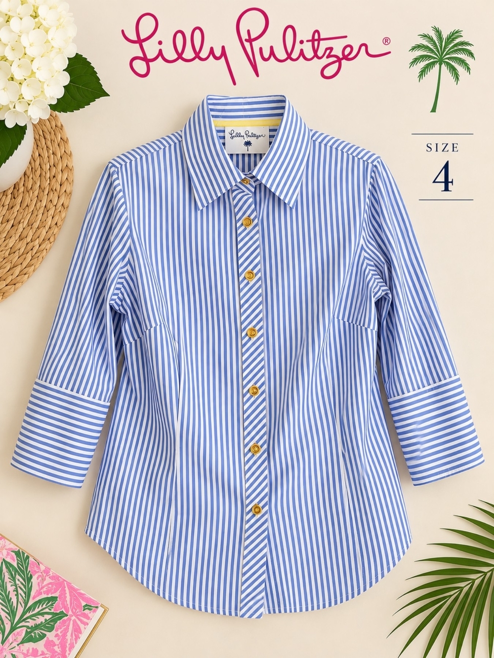 Lilly Pulitzer Blue & White Striped Button-Down Shirt With 3/4 Sleeve, Size 4